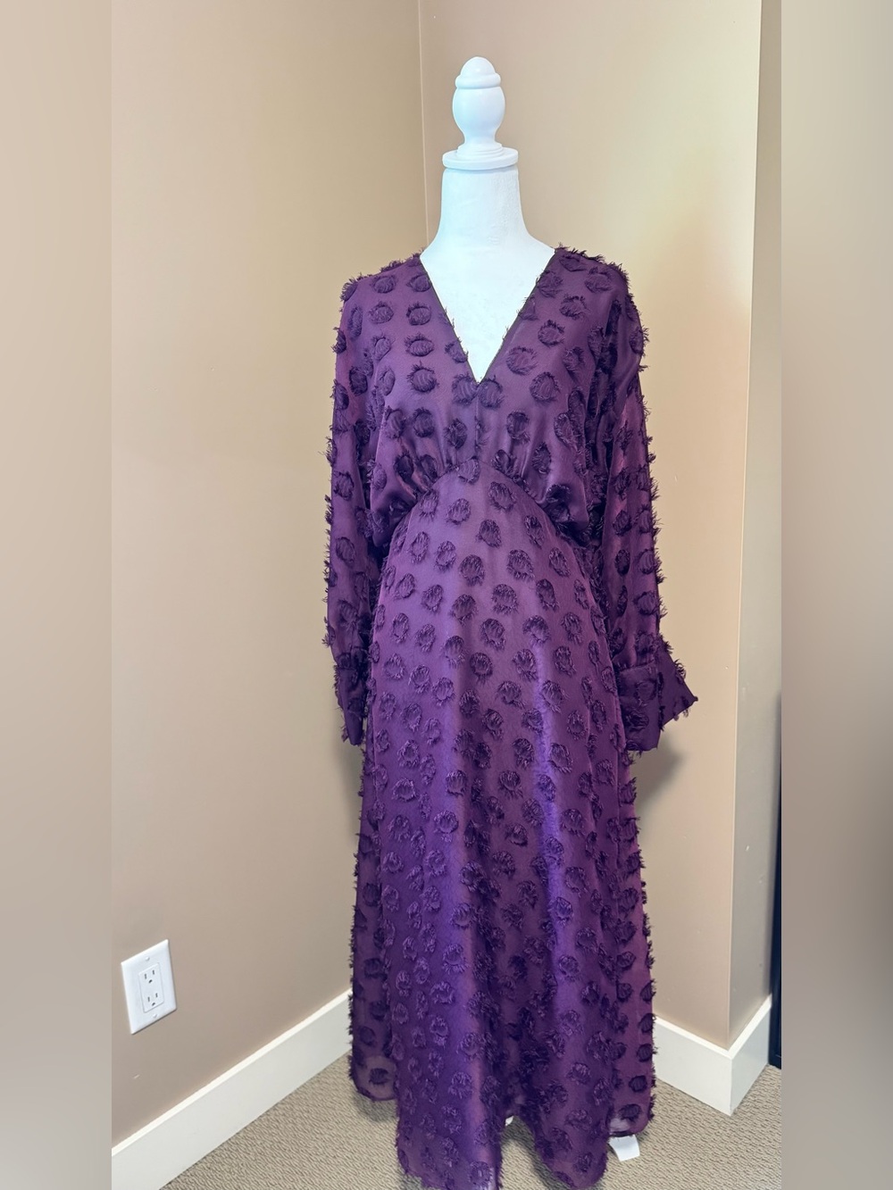 Zara Plum Textured V-Neck Maxi Dress